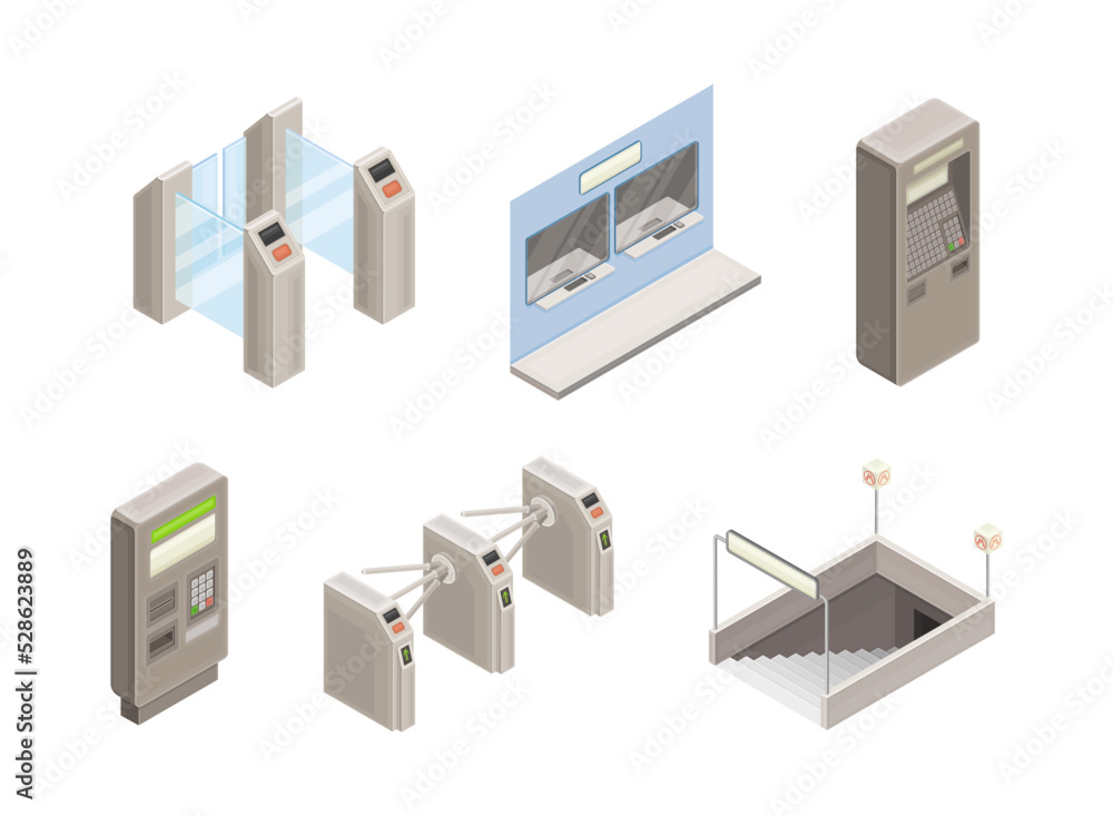 Metro or Subway as Rapid Transit Urban System with Turnstile, Entrance and Ticket Vending Machine Isometric Vector Set Metro or Subway as Rapid Transit Urban System with Turnstile, Entrance and Ticket Vending Machine Isometric Vector Set