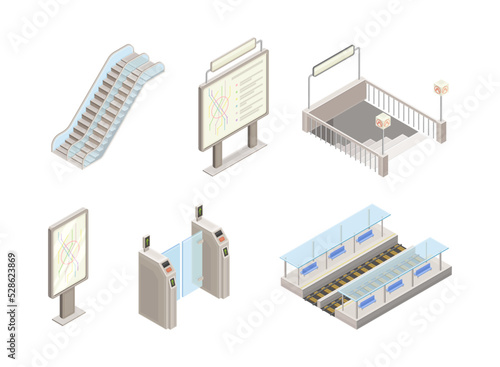 Metro or Subway as Rapid Transit Urban System with Platform, Ticket Barrier and Moving Staircase Isometric Vector Set