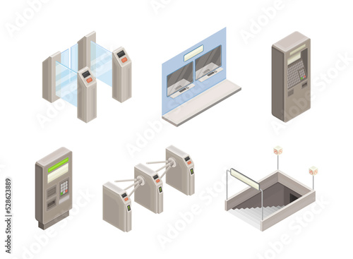 Metro or Subway as Rapid Transit Urban System with Turnstile, Entrance and Ticket Vending Machine Isometric Vector Set