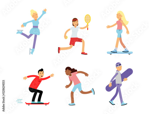 People Characters Doing Different Sport Activity Figure Skating, Tennis Playing, Skateboarding, Running and Snowboarding Vector Set