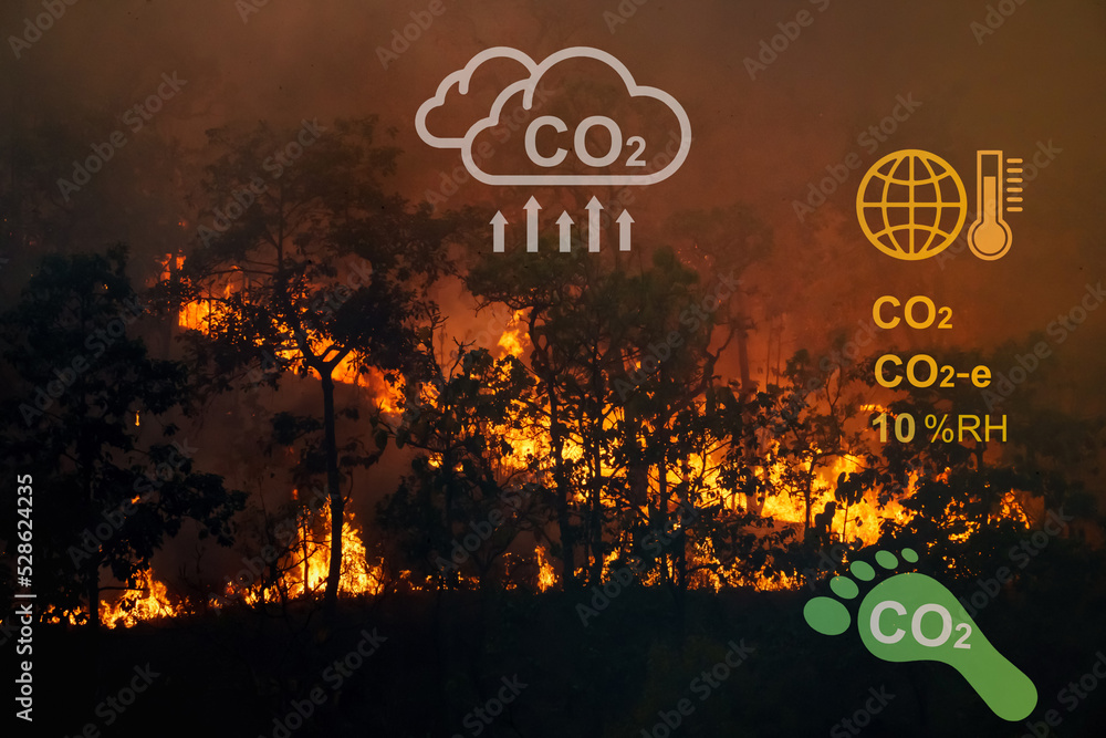 Wildfires release CO2 emissions and other greenhouse gases (GHG) that contribute to climate change. - obrazy, fototapety, plakaty 