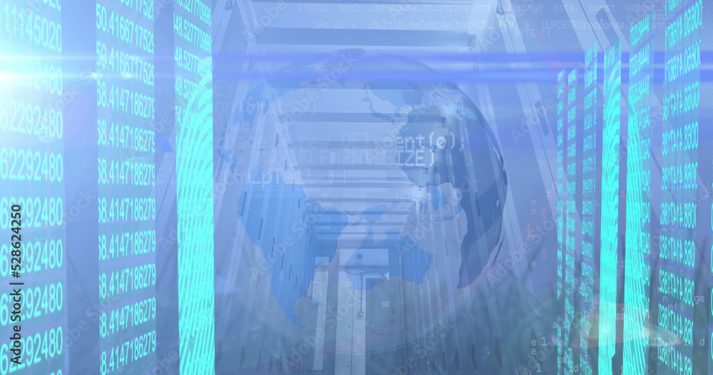 Obraz premium Image of globe, data processing and numbers over servers