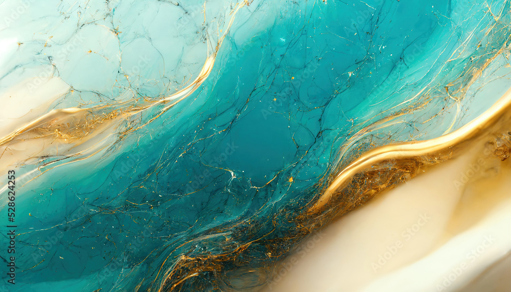 Abstract luxury marble background. Digital art marbling texture. Turquoise, gold and white colors