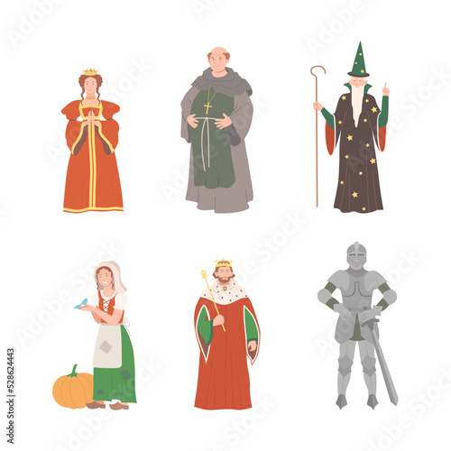 Fabulous Medieval Character from Fairytale with Cinderella with Shoe, King and Queen with Crown, Knight, Monk and Wizard Vector Set