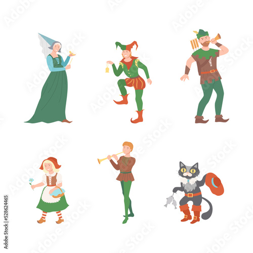 Fabulous Medieval Character from Fairytale with Red Riding Hood, Pussy in Boots, Robin Hood, Fairy Godmother and Jester Vector Set