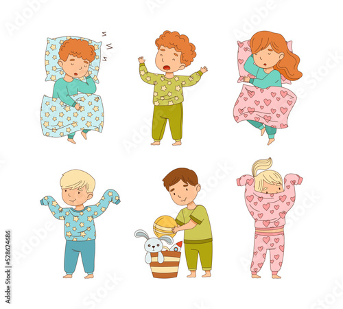 Cute Little Children Getting Ready to Bedtime Yawning and Sleeping in Bed Vector Set