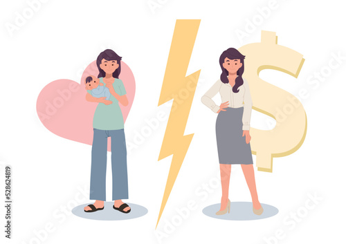 woman Choosing between career and parenthood concept. vector illustration.