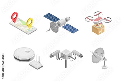 Smart City with Satellite, Surveillance Camera, Smartphone Navigation App, Drone Carrying Parcel and Wireless Router Isometric Vector Set
