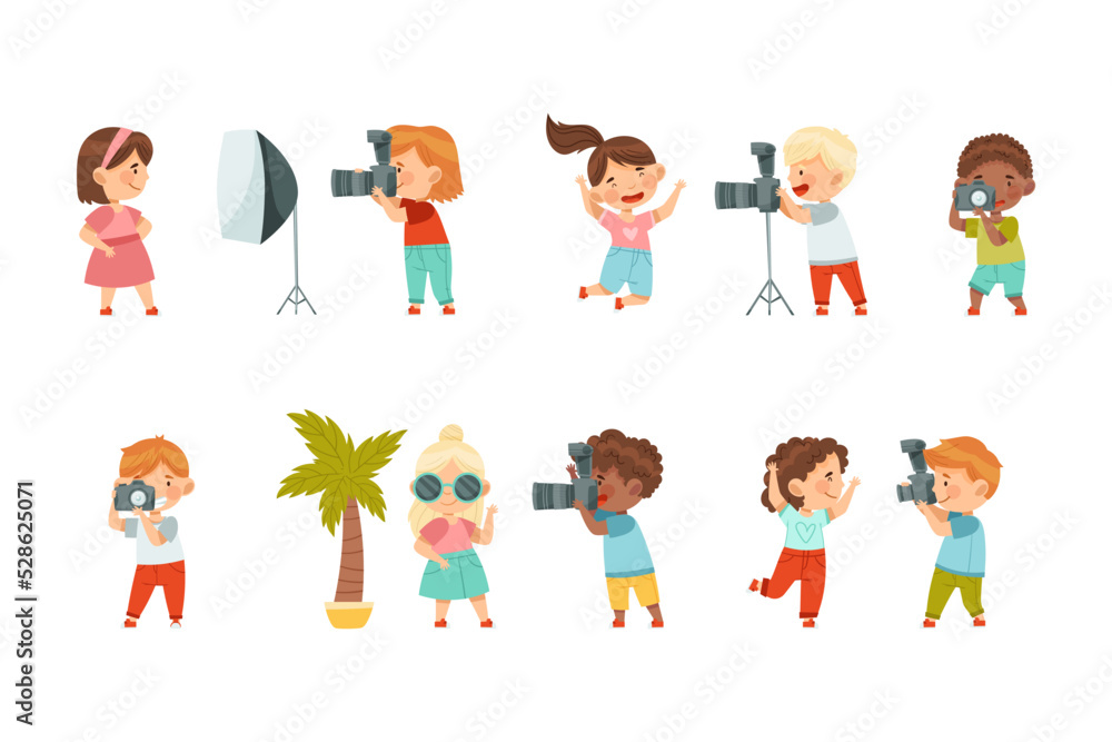 Pretty Children with Digital Camera and Soft Box Lighting Taking Photograph Vector Set Pretty Children with Digital Camera and Soft Box Lighting Taking Photograph Vector Set