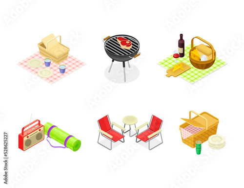 Picnic with Barbecue Grill, Chairs, Food Hamper on Tablecloth and Radio Isometric Vector Set