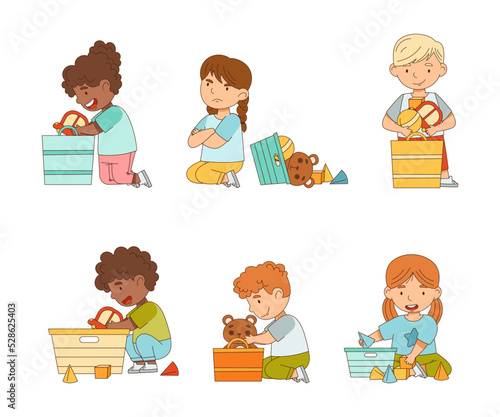 Happy and Grumpy Kids Playing Different Toys in the Nursery or Playroom Vector Set