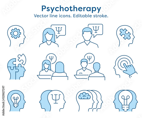 Psychology icon set. Collection of mind, brain, emotion, mental health and more. Vector illustration. Editable Stroke.