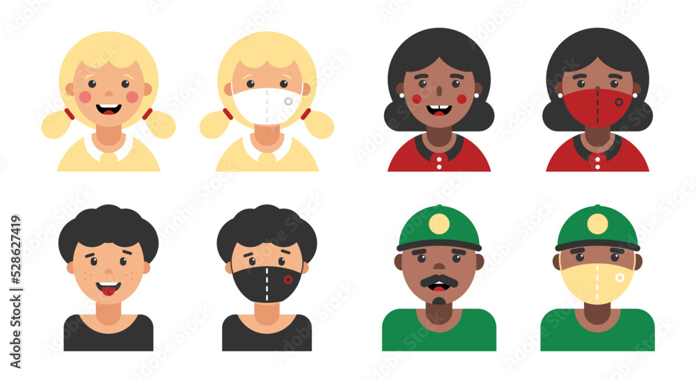 Set, collection of avatars, portraits, profile pictures with people wearing medical masks. People various age and gender with and without masks. Protection measure. Vector illustration, icons.
Set, collection of avatars, portraits, profile pictures with people wearing medical masks. People various age and gender with and without masks. Protection measure. Vector illustration, icons.