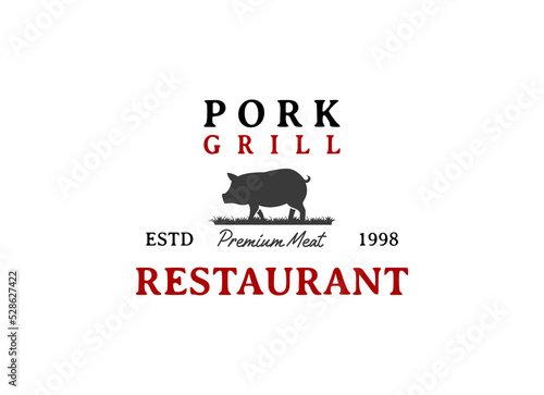 Rustic pork meat and grill restaurant vector logo design