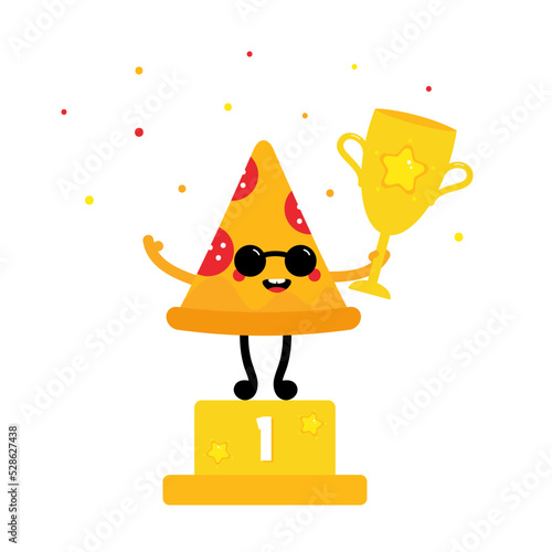 Cute and happy cartoon style pizza slice character winner celebrating first place, standing on pedestal and holding challenge cup, trophy in hand.