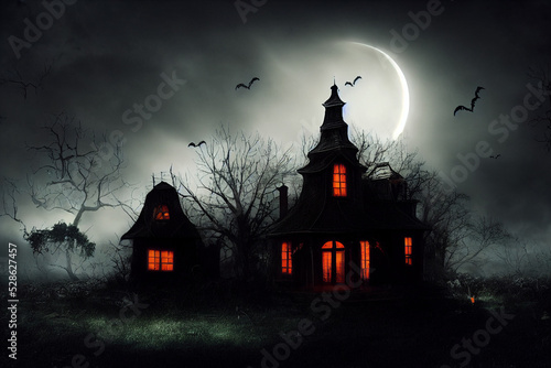 AI Illustration of halloween house with bats flying