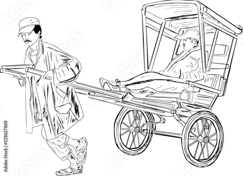 Hand Rickshaw vector, Outline sketch drawing of Man pulling hand cart with passenger, A rickshaw puller with his customer cartoon doodle art