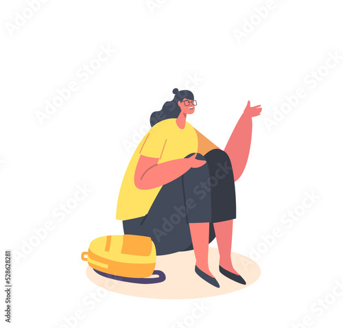 Unhappy Woman Refugee Sit on Floor Survive during War Conflict, Nature Disaster or Accident Isolated on White Background