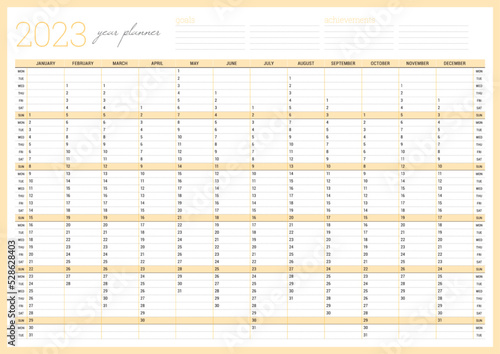 Calendar 2023 year planner template. Printable wall calendar table. Week starts on Monday