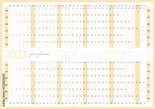 Calendar 2023 year planner template. Printable wall calendar table. Week starts on Monday