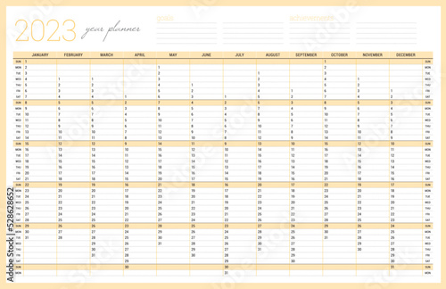 Calendar 2023 year planner template. Printable wall calendar table. Week starts on Sunday