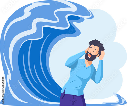 Shocked scared man standing in front of tsunami wave