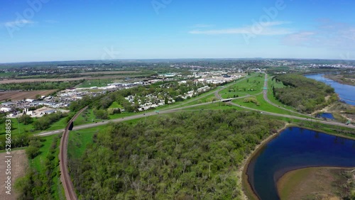 Aerial View Of Missouri River And Interstate 94 Highway In Bismarck, North Dakota At Daytime. photo