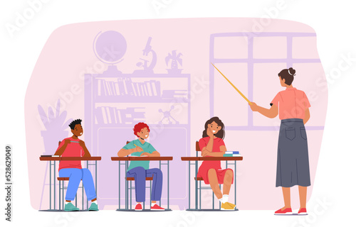 Kids on Lesson Concept. Children Characters with Teacher in Classroom. Boys or Girls Sitting at Desk in Class, Education