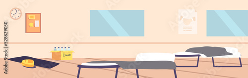 Shelter Interior, Temporary Residence Building, Place for Refugees Staying during War. Camp or Room with Windows