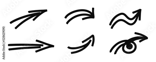 Arrow. Sketch brush marker waves arrows set. Hand drawn arrow check mark underline. Vector freehand illustration on white background.