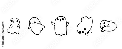 Doodle Little ghost house. Halloween ghost in cute kawaii style. Halloween funny smiling spirit ghosts set on white background. trick or treat vector cartoon image.