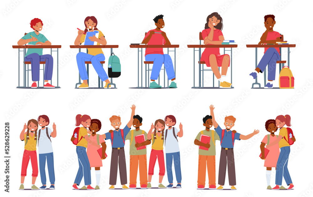 Set of Students, Back to School Concept with Pupils Boys or Girls with Backpacks and Textbooks Stand in Row and Learning Sitting at Desks. Happy Children
