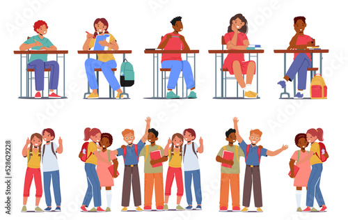 Set of Students, Back to School Concept with Pupils Boys or Girls with Backpacks and Textbooks Stand in Row and Learning Sitting at Desks. Happy Children