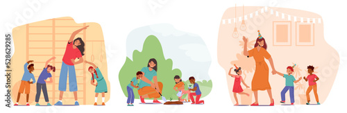 Set Preschool Kids in Kindergarten. Toddlers and Teacher Doing Sports Exercises, Gardening and Celebrate Birthday