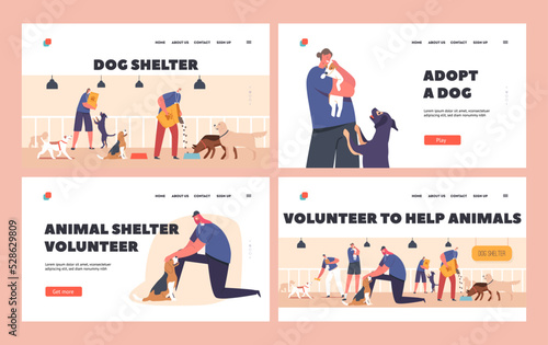 Volunteers Help Animals Landing Page Template Set. Shelter, Pound, Rehabilitation or Adoption Center for Homeless Pets