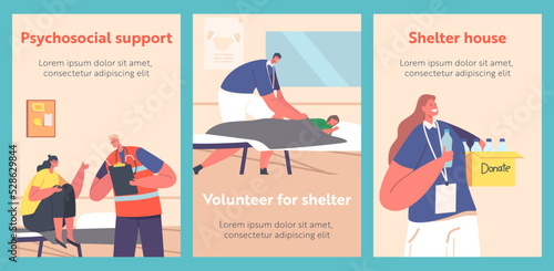 Volunteers Help Refugees in Shelter Cartoon Banners. Psychosocial Support during War Conflict, Disaster, Catastrophe