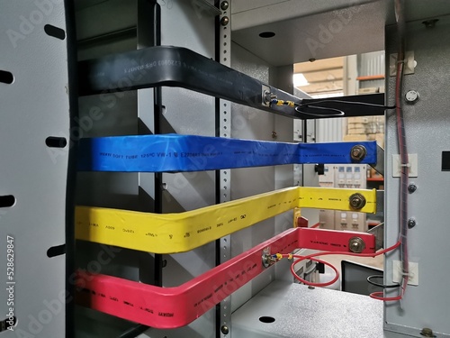 Tableau sur toile Image of copper busbar connection in electrical cabinet