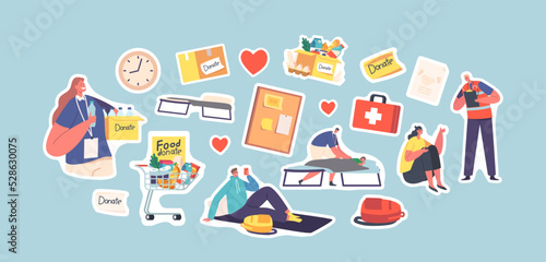 Set of Stickers Volunteers Help Refugees in Shelter during War Conflict, Nature Disaster, Catastrophe or Accident