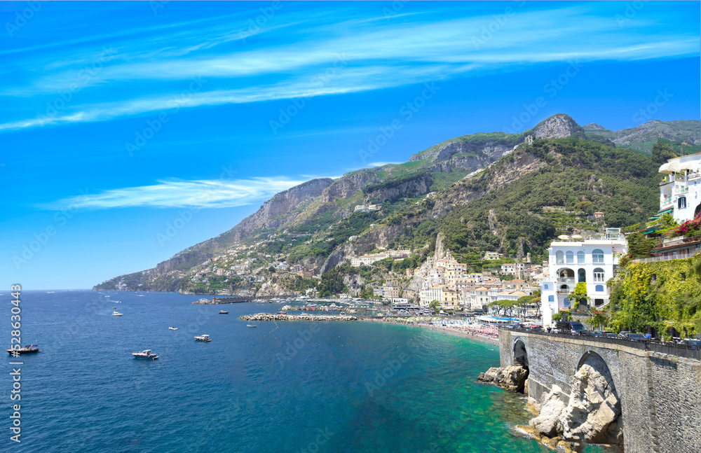 Italy, Amalfi town colorful architecture and Campania Amalfi coast landscapes , UNESCO site.