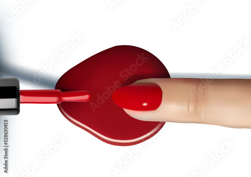 Painting polish and fingers red nails with red nail polish drops on white background