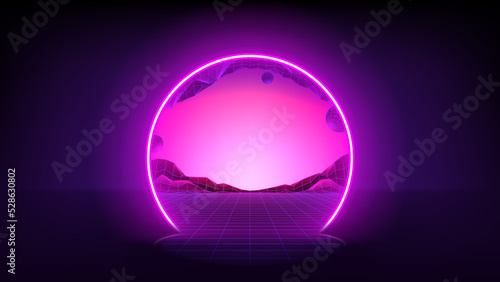 Vector illustration of fantastic portal in metaverse. Round teleport or magic portal leading in virtual digital reality. Simulation of network futuristic world. 3d vector illustration with metaverse.