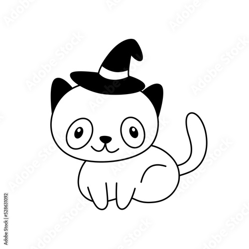 Doodle cute halloween cat with witch hat on head. Cartoon smiling kitten lies. Childish festive design element.Outline.Sketch.Isolated on white background.