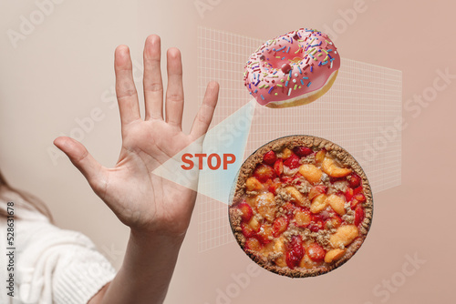 close-up female hand with sweet donut and pie, diet, collage, surreal, modern