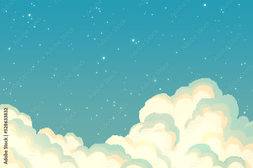 ドット絵　ノスタルジックな星空と雲の背景　ピクセル　イラスト