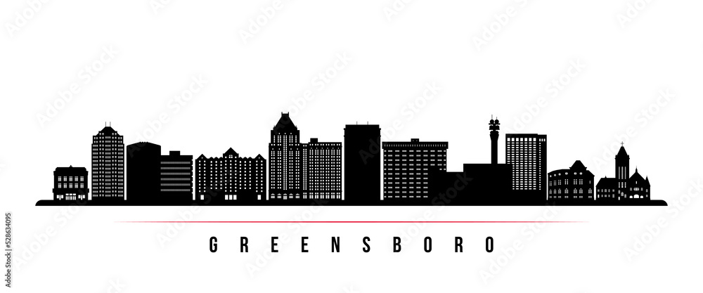 Greensboro skyline horizontal banner. Black and white silhouette of Greensboro, North Carolina. Vector template for your design.