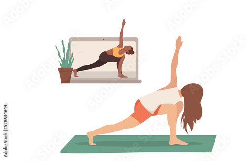 Online yoga practice. Woman in a yoga pose exercising online with a laptop. Vector illustration