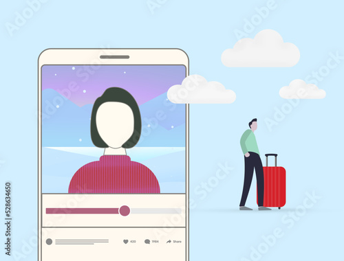 Travel Influencer concept. The man character followed the advice of a woman travel blogger at social media or influencer vlog and set off on outdoor journey trip