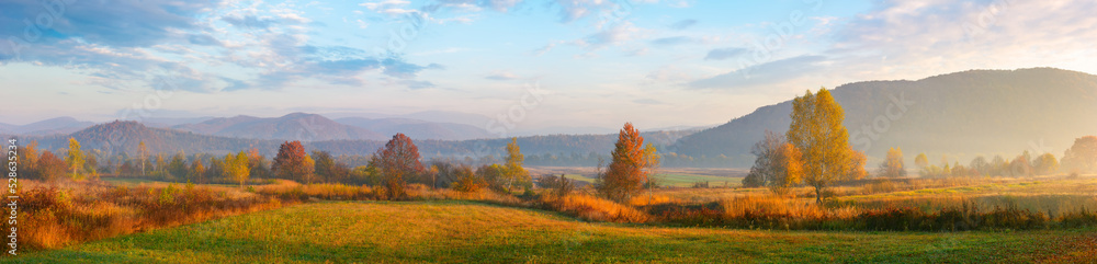 Fototapeta premium panorama of an autumnal rural landscape at sunrise. countryside scenery with fields, meadows and trees in fall colors. distant mountains in morning light. hazy atmosphere