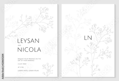 Elegant wedding invitation card template. Hand-drawn gypsophila. photo