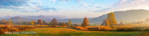 panorama of an autumnal rural landscape at sunrise. countryside scenery with fields  meadows and trees in fall colors. distant mountains in morning light. hazy atmosphere